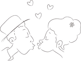 Lovers Kiss - Hand drawn illustration in black and white