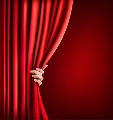 Background with red velvet curtain and hand. Vector illustration