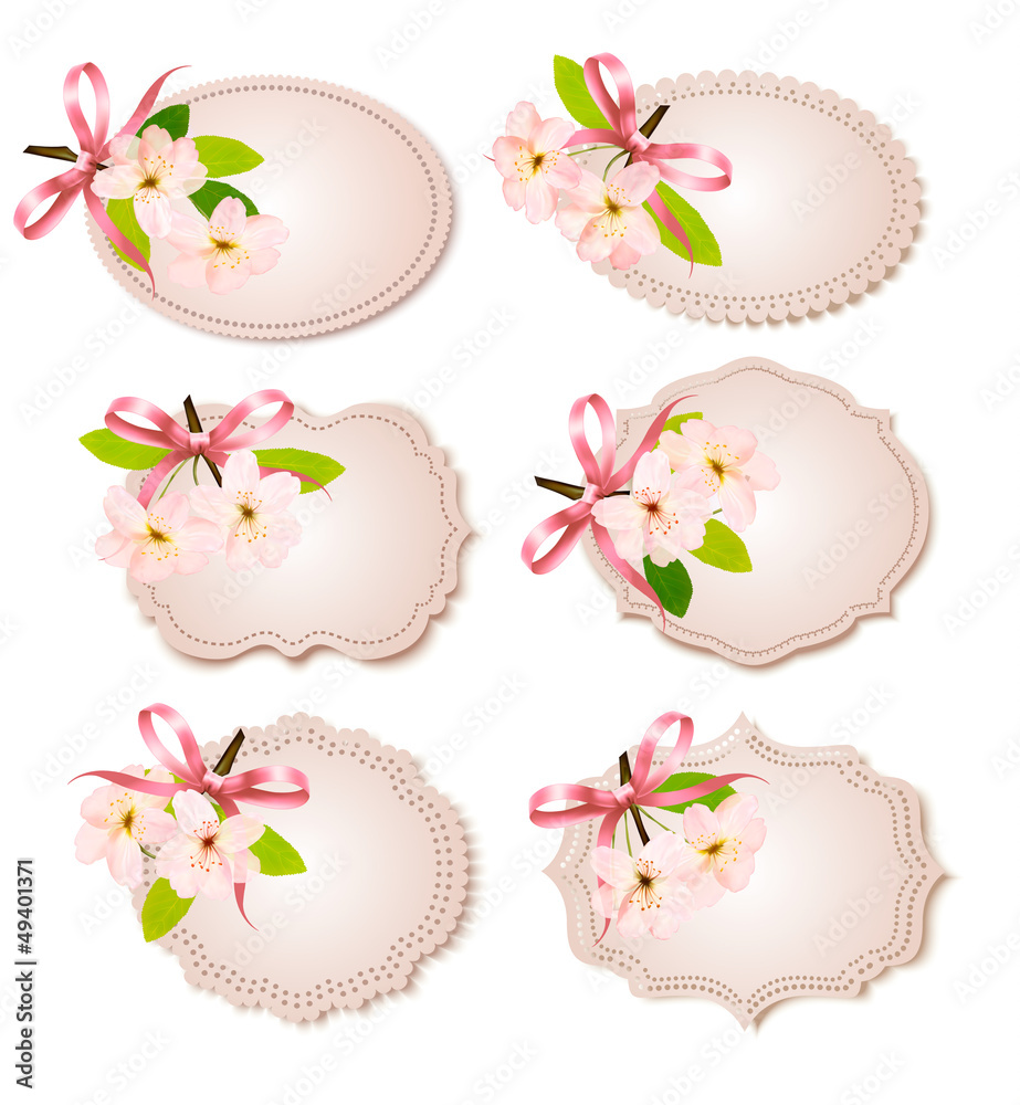 Poster spring cards with blossoming tree brunch with spring flowers. ve