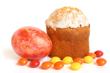 Colorful Easter eggs and cake