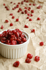 Dried sweet cherries in white ramekin