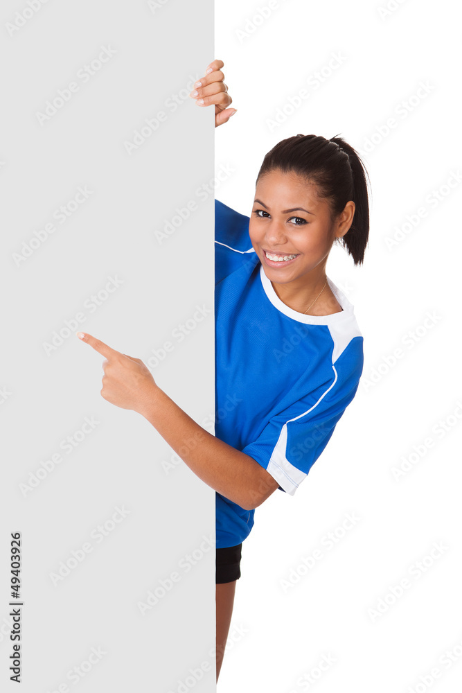 Wall mural Happy Young Girl Holding Volleyball And Placard - Wall murals
