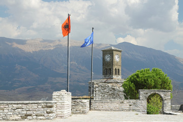 Albania, Gjirokaster, Citadel, Flags of Albania and of EU Flying - obrazy, fototapety, plakaty