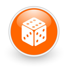 dice orange circle glossy web icon on white background