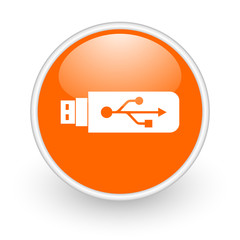 usb orange circle glossy web icon on white background