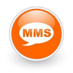 mms orange circle glossy web icon on white background