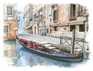 Venice. Ancient building & gondola © Uladzimir