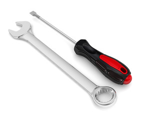 Рабочие инструменты - шлицевая отвертка и гаечный ключ