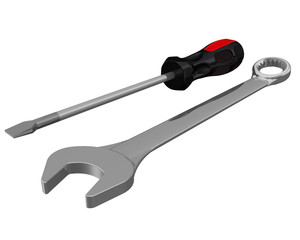 Рабочие инструменты - шлицевая отвертка и гаечный ключ