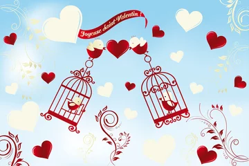 Papier Peint photo Lavable Oiseaux en cages Carte de Saint Valentin en français