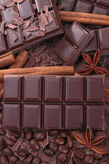 close up on chocolate bar and spices