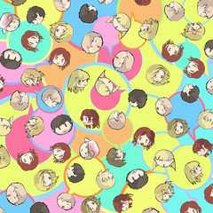 Colorful pattern with multiple kids inside a bubble speak.