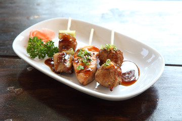 chicken meatball and salmon teriyaki