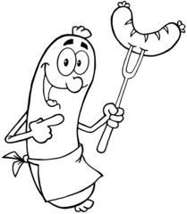 Outlined Sausage Cartoon Mascot Character With Sausage On Fork