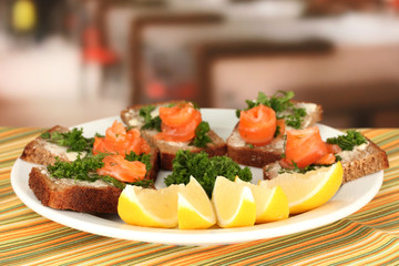 Salmon sandwich on plate,on bright background