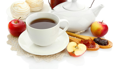 light breakfast with tea and homemade jam, isolated on white