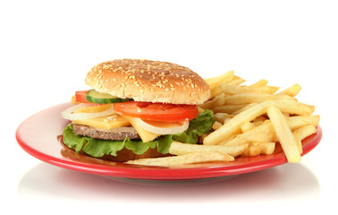 Tasty cheeseburger with fried potatoes, isolated on white