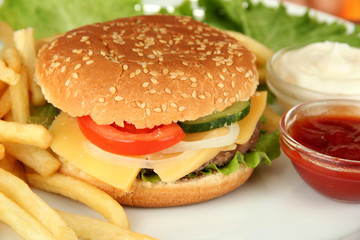 Tasty cheeseburger with fried potatoes, on bright background