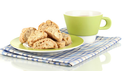 Aromatic cookies cantuccini and cup of coffee isolated on white