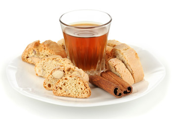Aromatic cookies cantuccini  with wine isolated on white