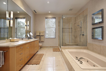 Master bath with oak wood cabinetry