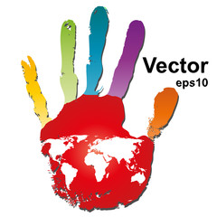 Vector conceptual human or child red handprint with world map