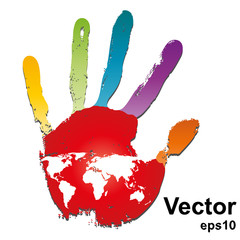 Vector conceptual human or child red handprint with world map