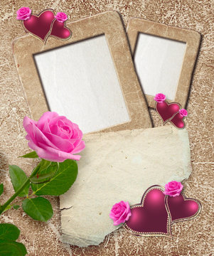 Grunge frame with roses, hearts and paper