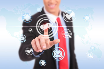 business man pushing a chat button