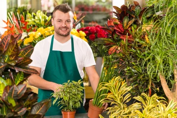 Fotobehang Bloemenwinkel Gelukkige mannelijke bloemist die in bloementuin werkt