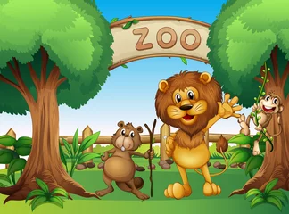 Poster Zoo Een aap, bever en een leeuw in de dierentuin