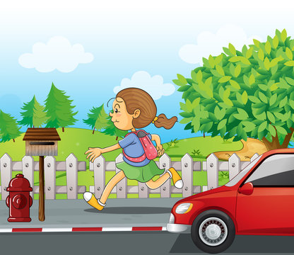 A girl running in the street