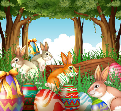 A group of bunnies and easter eggs