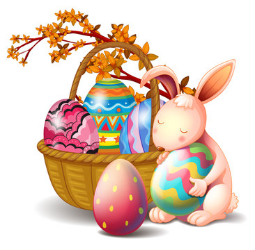 A basket full of eggs and a rabbit