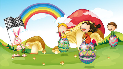 Obraz na płótnie Canvas Zajączek i dzieci z Easter Eggs