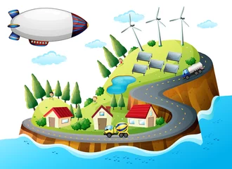 Poster Ein Dorf mit Windmühlen und einem Raumschiff © GraphicsRF