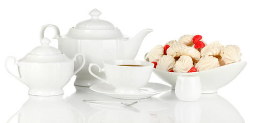 Beautiful white dinner service with an air meringues isolated