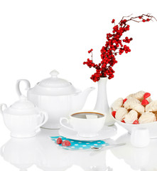 Beautiful white dinner service with an air meringues isolated