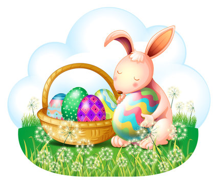 A bunny and a basket full of easter eggs