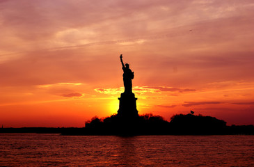 sunset at the Statue of Liberty