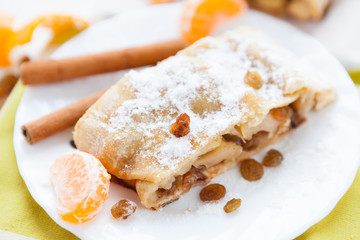traditional apple strudel on a white dish