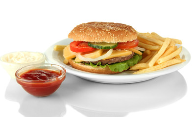 Tasty cheeseburger with fried potatoes, isolated on white