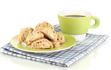 Aromatic cookies cantuccini and cup of coffee isolated on white