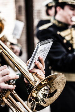 Vintage trombones playing in a big band.