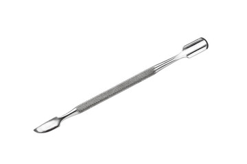Metal manicure and pedicure cuticle pusher isolated on white - obrazy, fototapety, plakaty