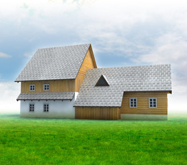 Fototapeta na wymiar Stara chata górska z zielona trawa i błękitne niebo