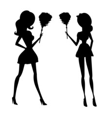 Clip art illustration of a sexy house maid in silhouette holding
