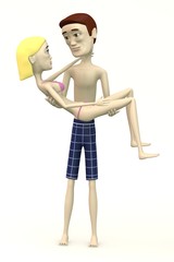 3d render of cartoon swimmer carrying women