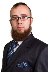 Young handsome man in black suit and glasses smiling isolated