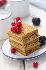 Honey cake with milk and berries
